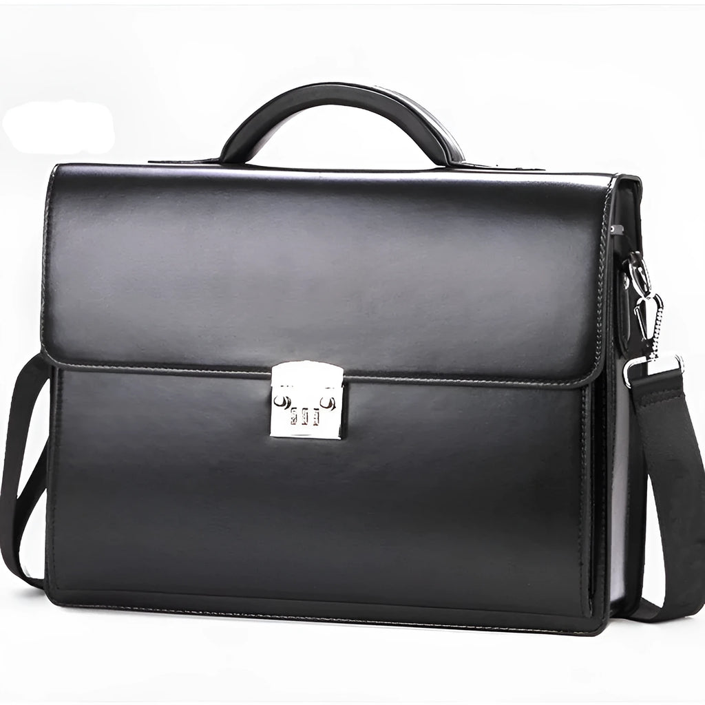 Black men's PU leather business briefcase with top handle and shoulder strap