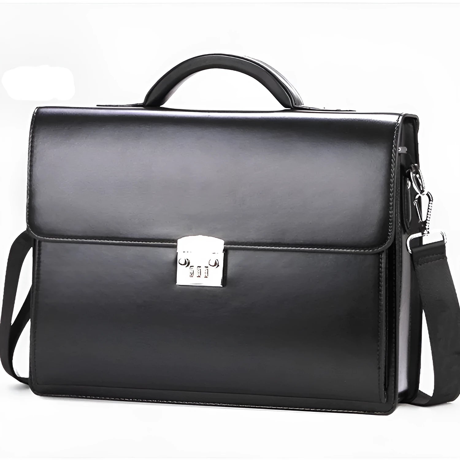 Black men's PU leather business briefcase with top handle and shoulder strap