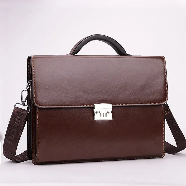 Black men's PU leather business briefcase with top handle and shoulder strap