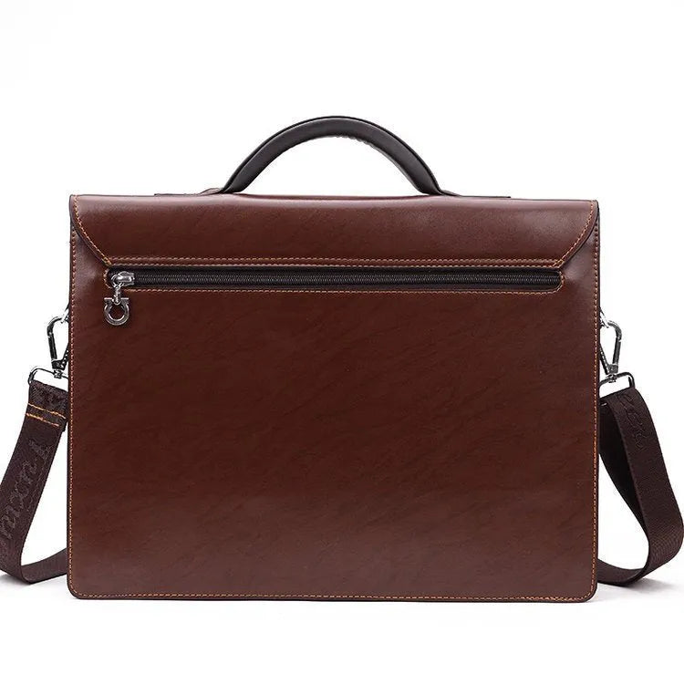 Black men's PU leather business briefcase with top handle and shoulder strap
