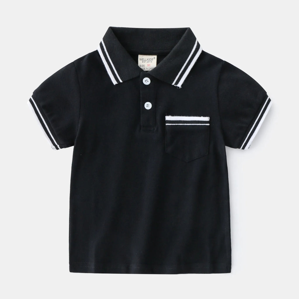 Boys' black cotton polo shirt with short sleeves and round neck for summer wear