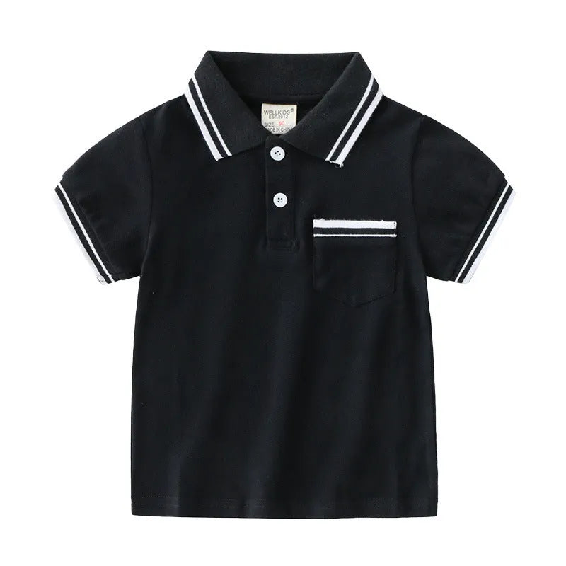 Boys' black cotton polo shirt with short sleeves and round neck for summer wear