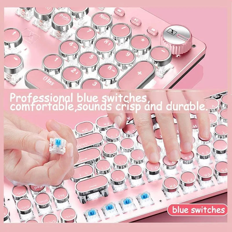Silver and pink mechanical keyboard with green switches and white backlighting