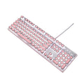 Silver and pink mechanical keyboard with green switches and white backlighting