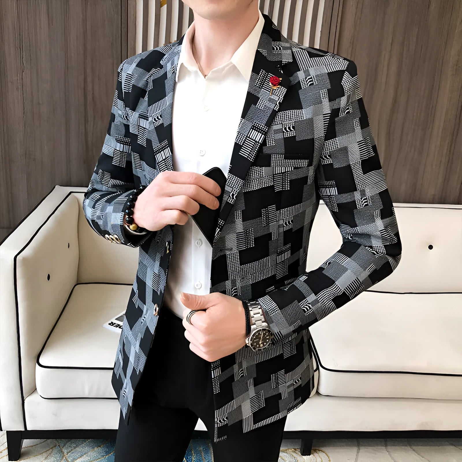 Slim-fit cotton blend suit jacket in black, khaki, and white for men, Asian sizes M to 3XL