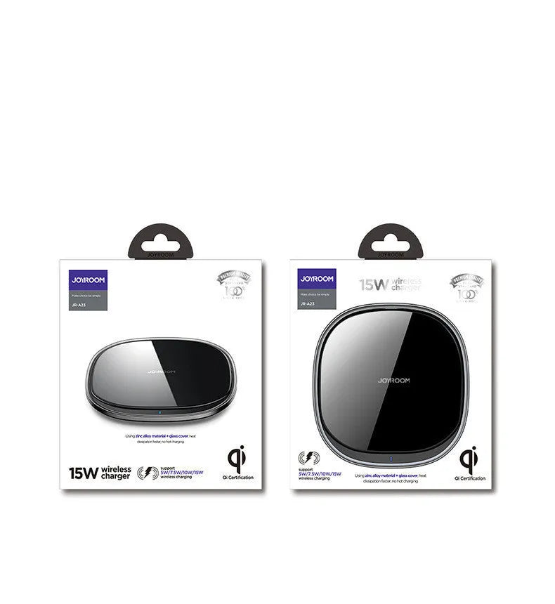 Black 15W Qi wireless charging pad with glass top and zinc alloy base on a desk.