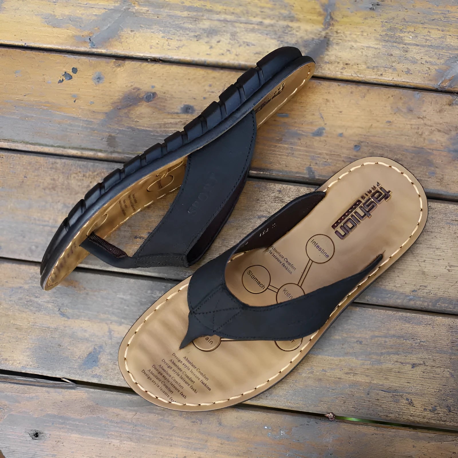 Men's cowhide leather driving flip-flops with rubber sole in black, open-toe style