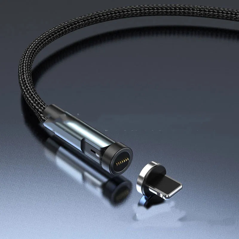 Black magnetic fast charging cable with rotating connector showing Android, Apple, and Type-C head options