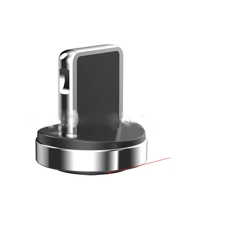 Black magnetic fast charging cable with rotating connector showing Android, Apple, and Type-C head options