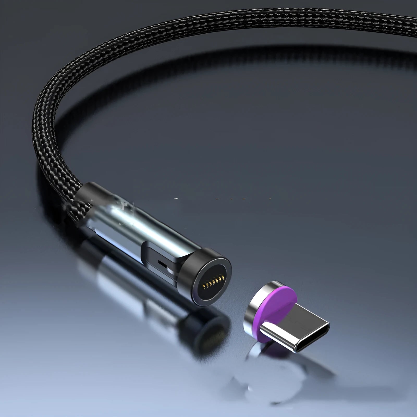 Black magnetic fast charging cable with rotating connector showing Android, Apple, and Type-C head options