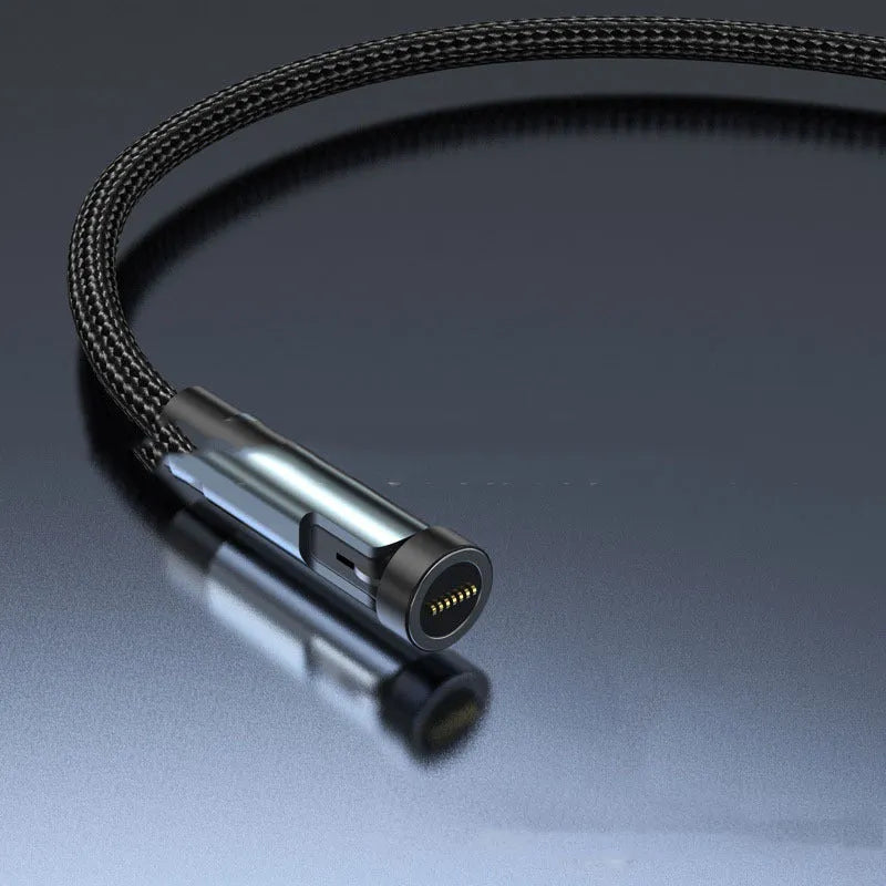 Black magnetic fast charging cable with rotating connector showing Android, Apple, and Type-C head options