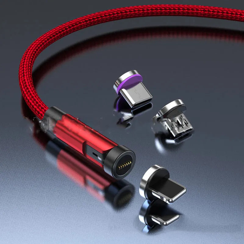 Black magnetic fast charging cable with rotating connector showing Android, Apple, and Type-C head options