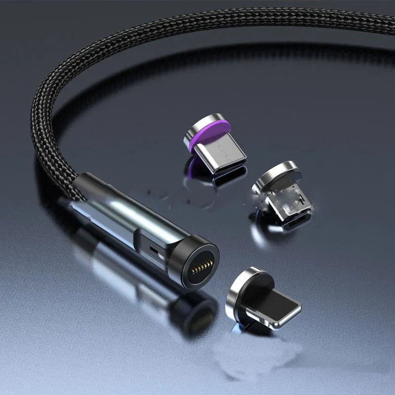 Black magnetic fast charging cable with rotating connector showing Android, Apple, and Type-C head options