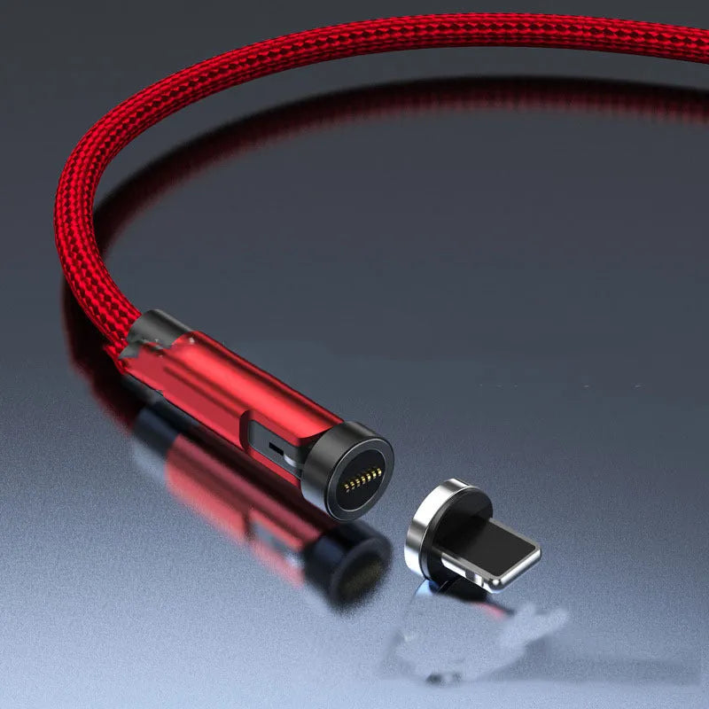 Black magnetic fast charging cable with rotating connector showing Android, Apple, and Type-C head options