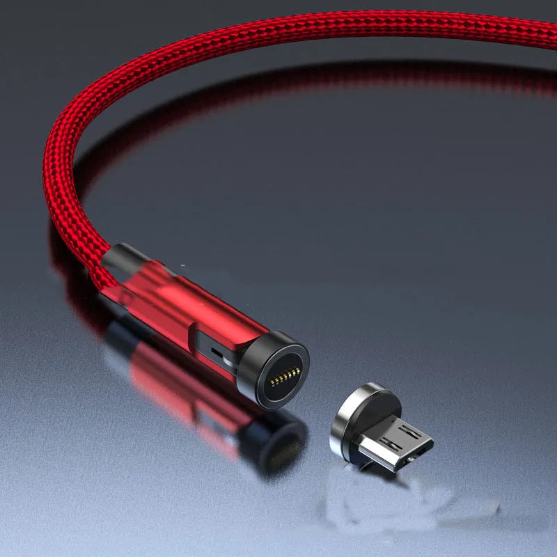 Black magnetic fast charging cable with rotating connector showing Android, Apple, and Type-C head options