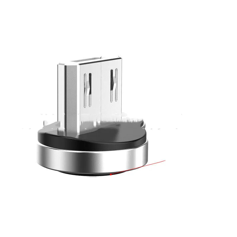 Black magnetic fast charging cable with rotating connector showing Android, Apple, and Type-C head options