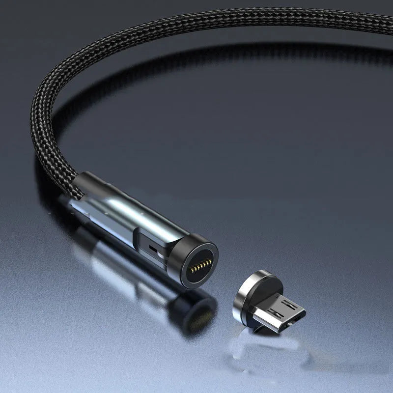 Black magnetic fast charging cable with rotating connector showing Android, Apple, and Type-C head options