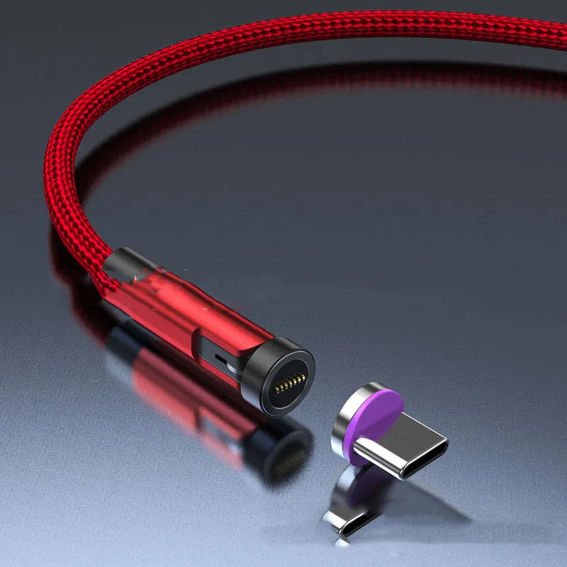Black magnetic fast charging cable with rotating connector showing Android, Apple, and Type-C head options