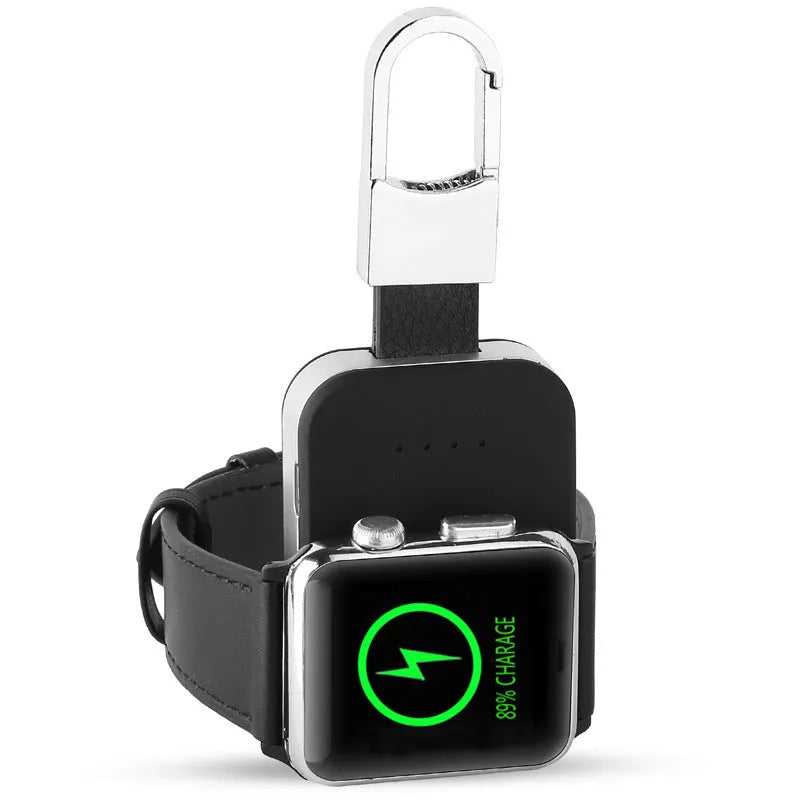 Black Apple Watch wireless charging power bank on a keyring