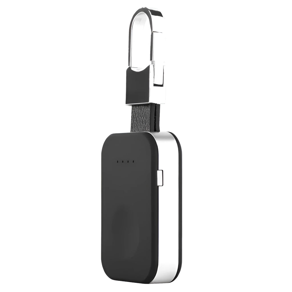 Black Apple Watch wireless charging power bank on a keyring