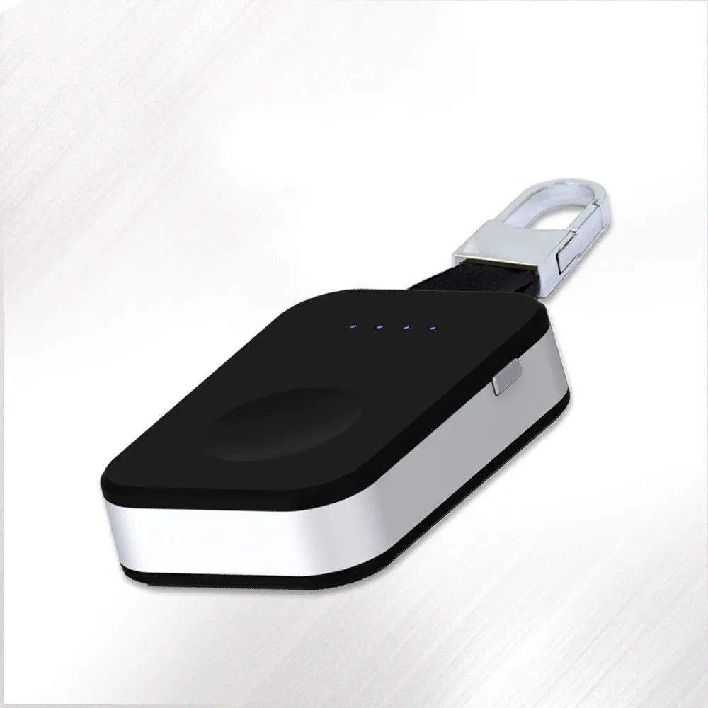 Black Apple Watch wireless charging power bank on a keyring