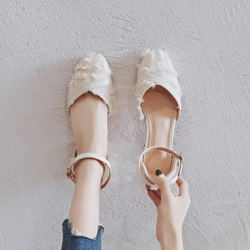 Women's apricot suede D'Orsay flats with ankle strap and 3cm low heel