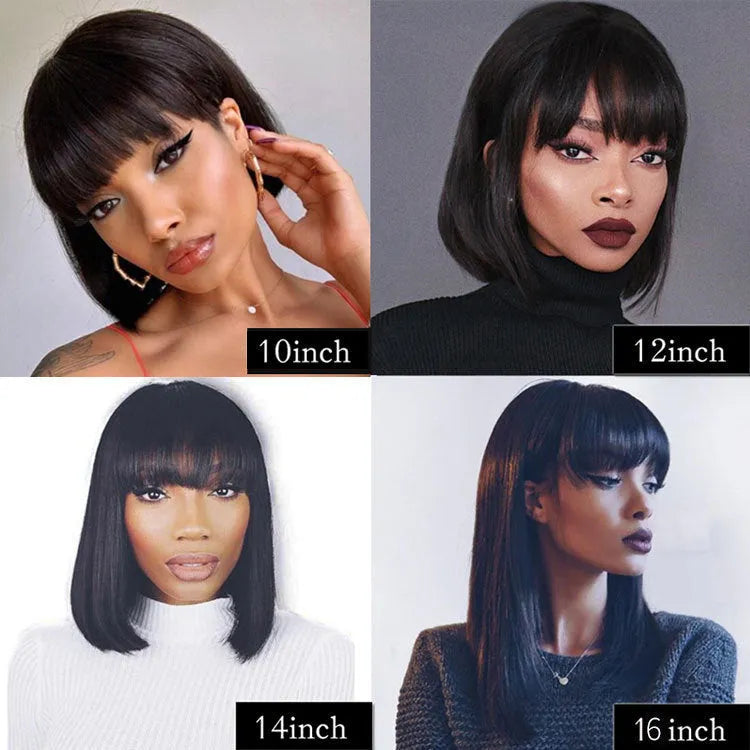 Black human hair wig with 10-inch length showing machine-made construction and natural hair texture