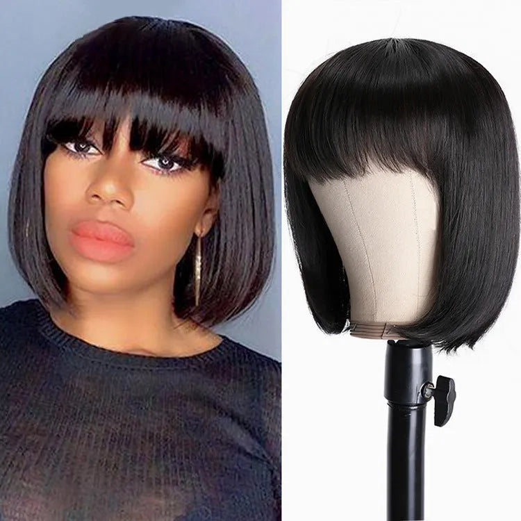 Black human hair wig with 10-inch length showing machine-made construction and natural hair texture