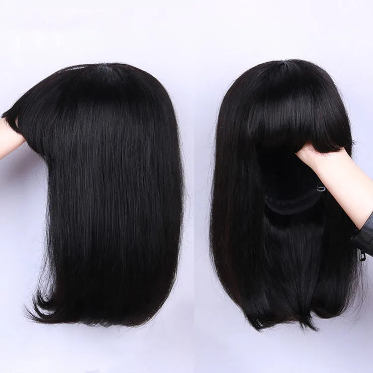 Black human hair wig with 10-inch length showing machine-made construction and natural hair texture