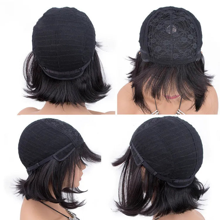 Black human hair wig with 10-inch length showing machine-made construction and natural hair texture