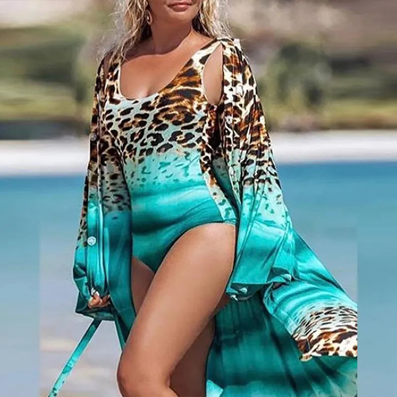 Women's leopard print blouse bikini set with wide leg pants, red colour, front view S-XL sizes