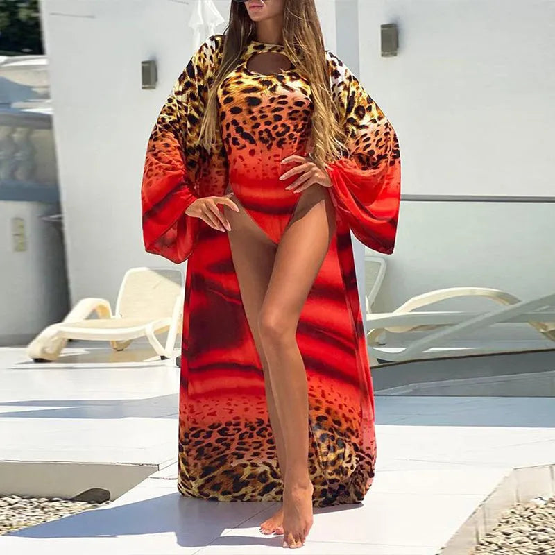 Women's leopard print blouse bikini set with wide leg pants, red colour, front view S-XL sizes