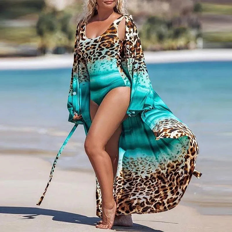 Women's leopard print blouse bikini set with wide leg pants, red colour, front view S-XL sizes