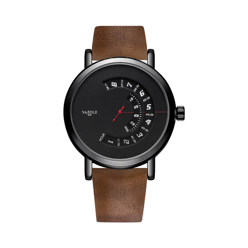 Men's waterproof quartz watch with metal case and mineral glass face showing turntable design