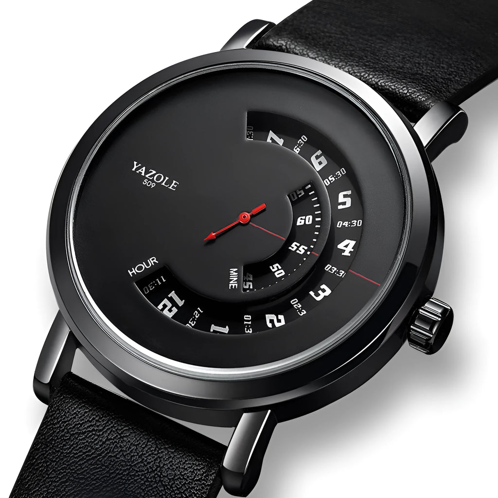 Men's waterproof quartz watch with metal case and mineral glass face showing turntable design