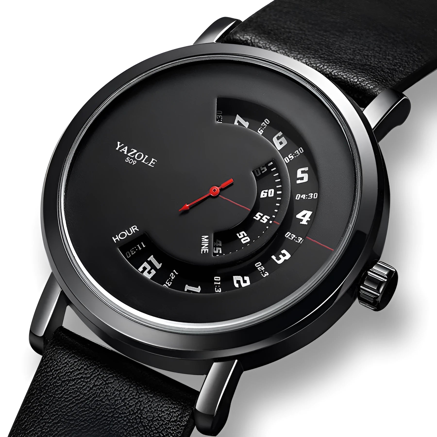 Men's waterproof quartz watch with metal case and mineral glass face showing turntable design