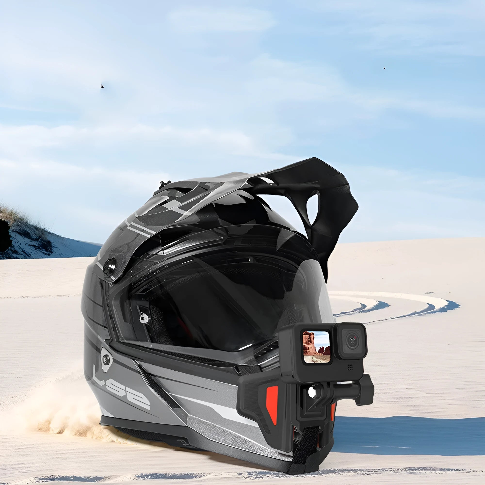 Black universal GoPro motorcycle helmet chin strap mount for action cameras