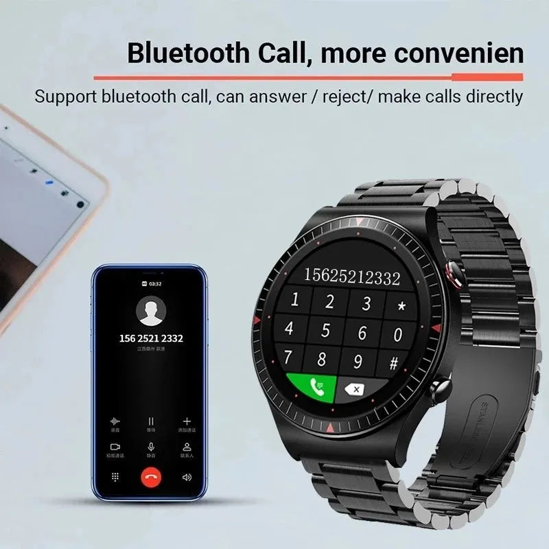 Black smart watch with round touch screen on a TPU and silicone strap, showing fitness tracking interface.