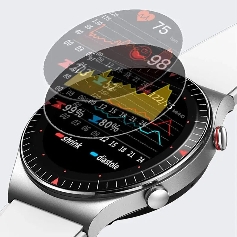 Black smart watch with round touch screen on a TPU and silicone strap, showing fitness tracking interface.