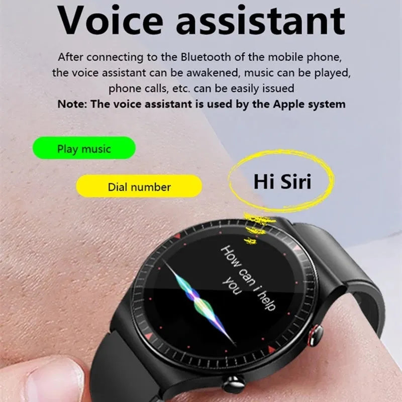 Black smart watch with round touch screen on a TPU and silicone strap, showing fitness tracking interface.