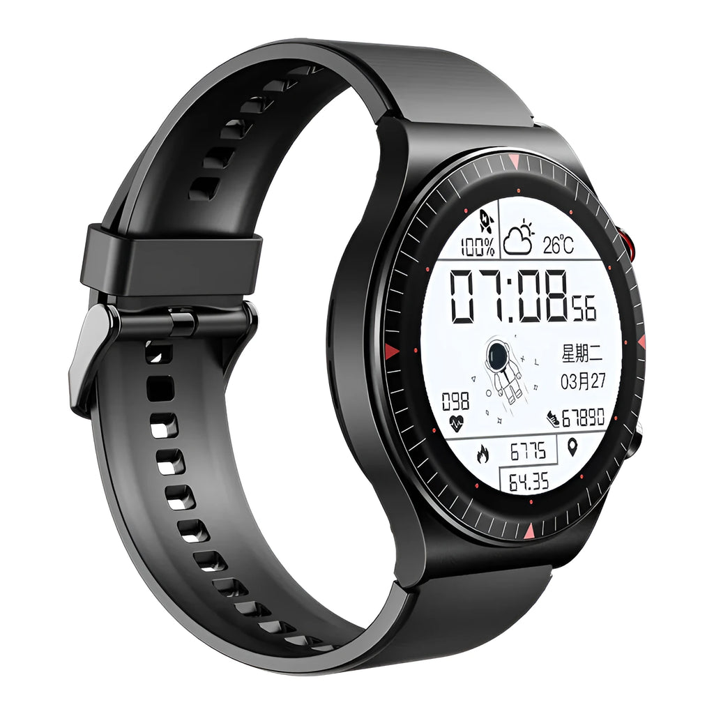 Black smart watch with round touch screen on a TPU and silicone strap, showing fitness tracking interface.