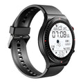 Black smart watch with round touch screen on a TPU and silicone strap, showing fitness tracking interface.