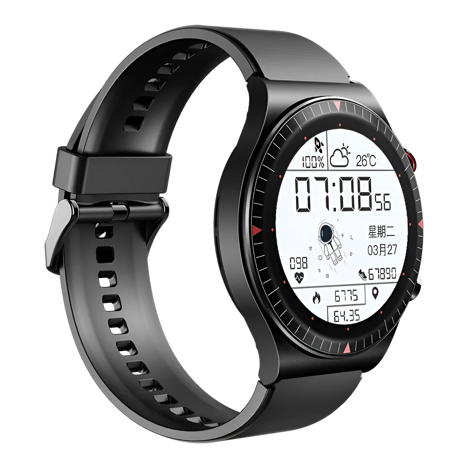Black smart watch with round touch screen on a TPU and silicone strap, showing fitness tracking interface.