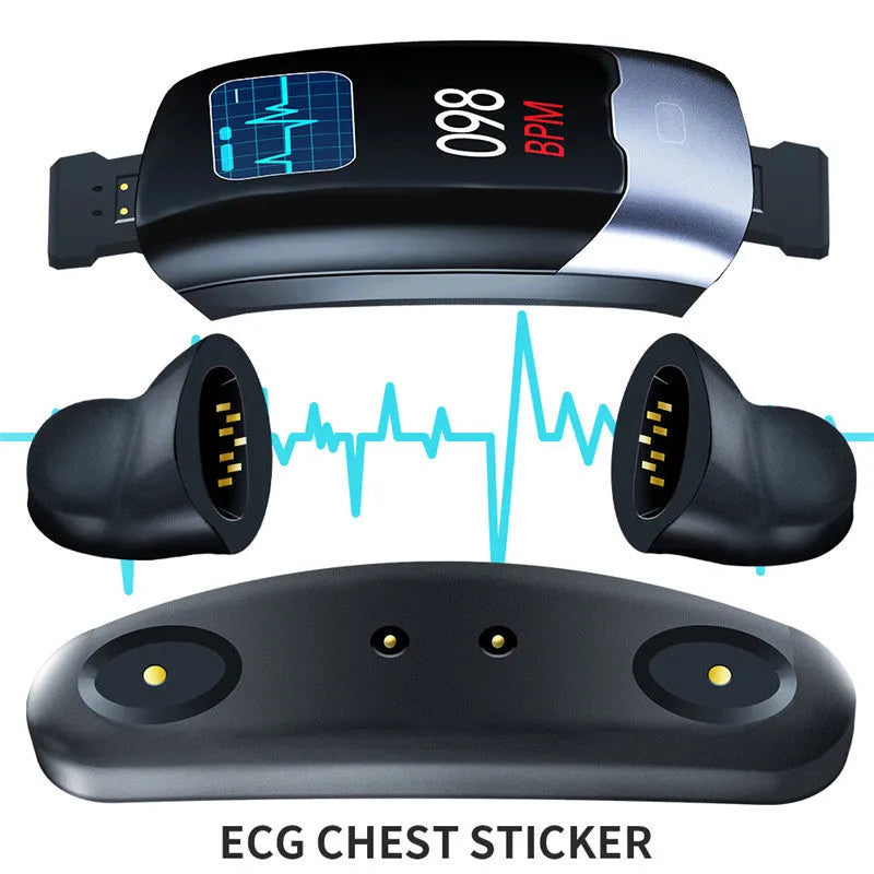 Smart fitness tracker bracelet with digital display showing heart rate and blood pressure readings