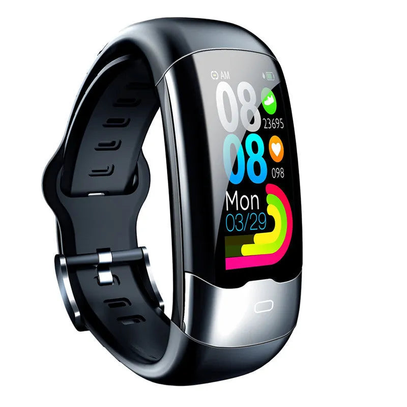Smart fitness tracker bracelet with digital display showing heart rate and blood pressure readings