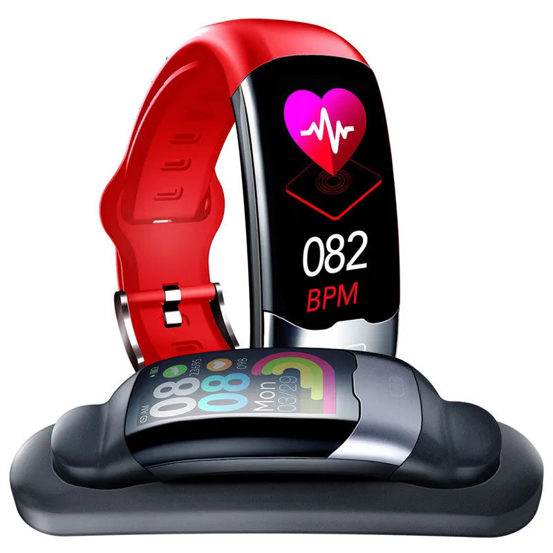 Smart fitness tracker bracelet with digital display showing heart rate and blood pressure readings