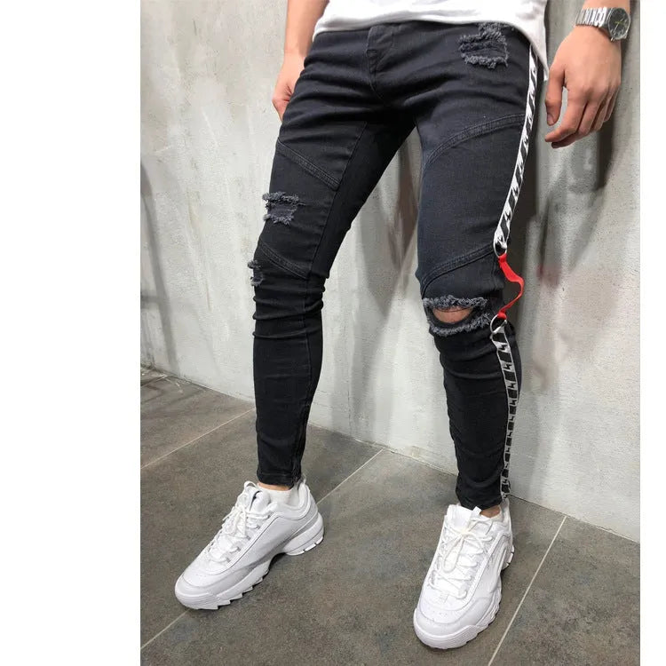 Men's retro low-waist pencil jeans in blue, flat front, cotton polyester blend with zip fly