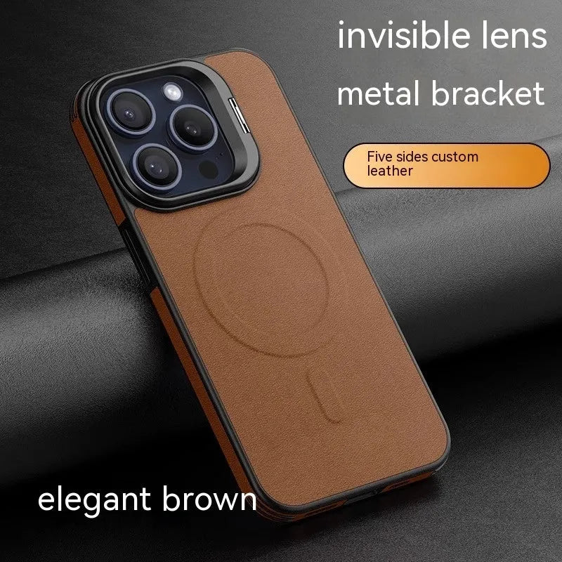 Leather invisible bracket magnetic phone case for iPhone 15, satin black, all-inclusive drop-resistant design