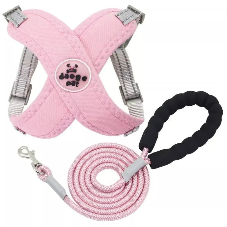Blue adjustable dog harness vest connected to a hand-holding leash rope on a white background.