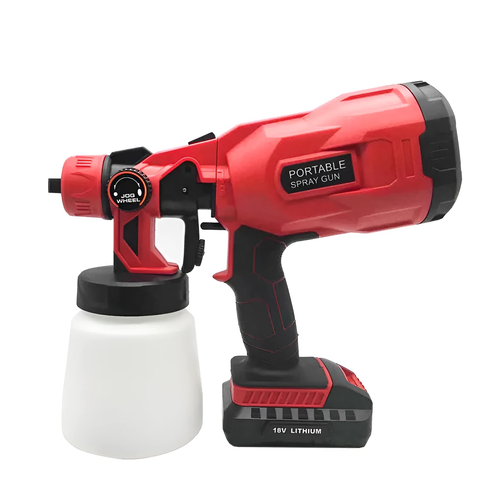 Blue cordless paint spray gun with 800ml cup and 1.8mm nozzle, showing trigger and battery compartment.
